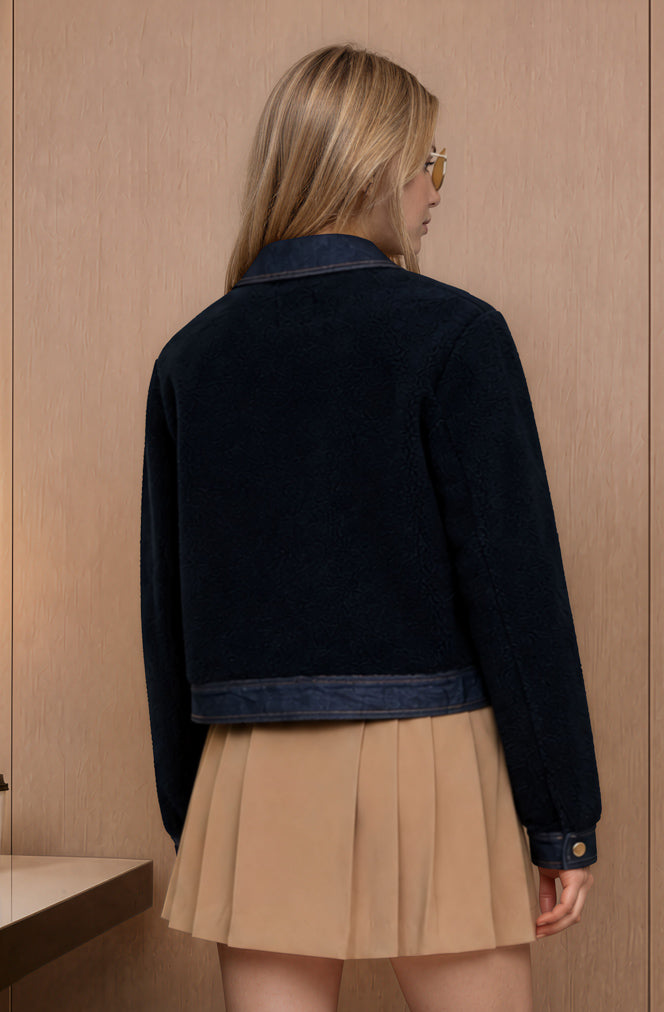 DENIM TRIM SHERPA CROPPED JACKET (PRE-ORDER)