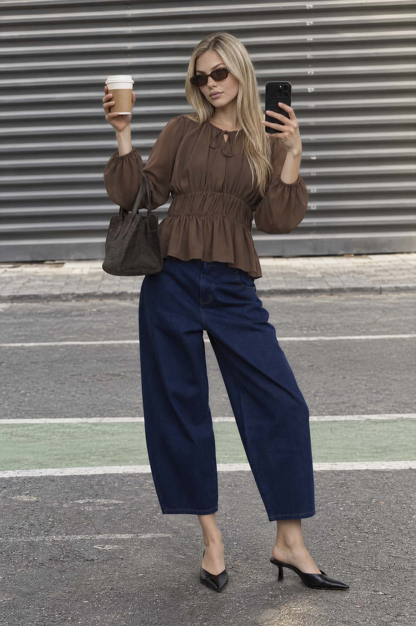 GATHERED TIE-NECK PEPLUM LONG SLEEVE TOP