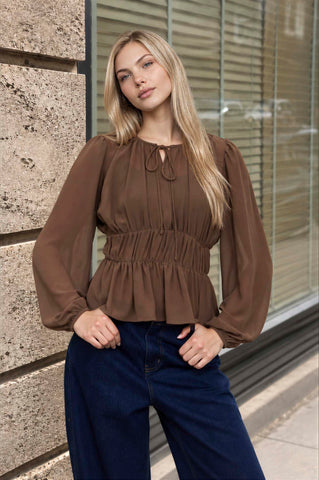 GATHERED TIE-NECK PEPLUM LONG SLEEVE TOP