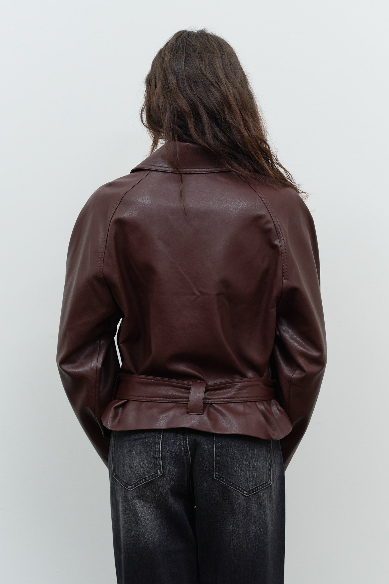 FAUX LEATHER STAND COLLAR WAIST TIE TRENCH COAT