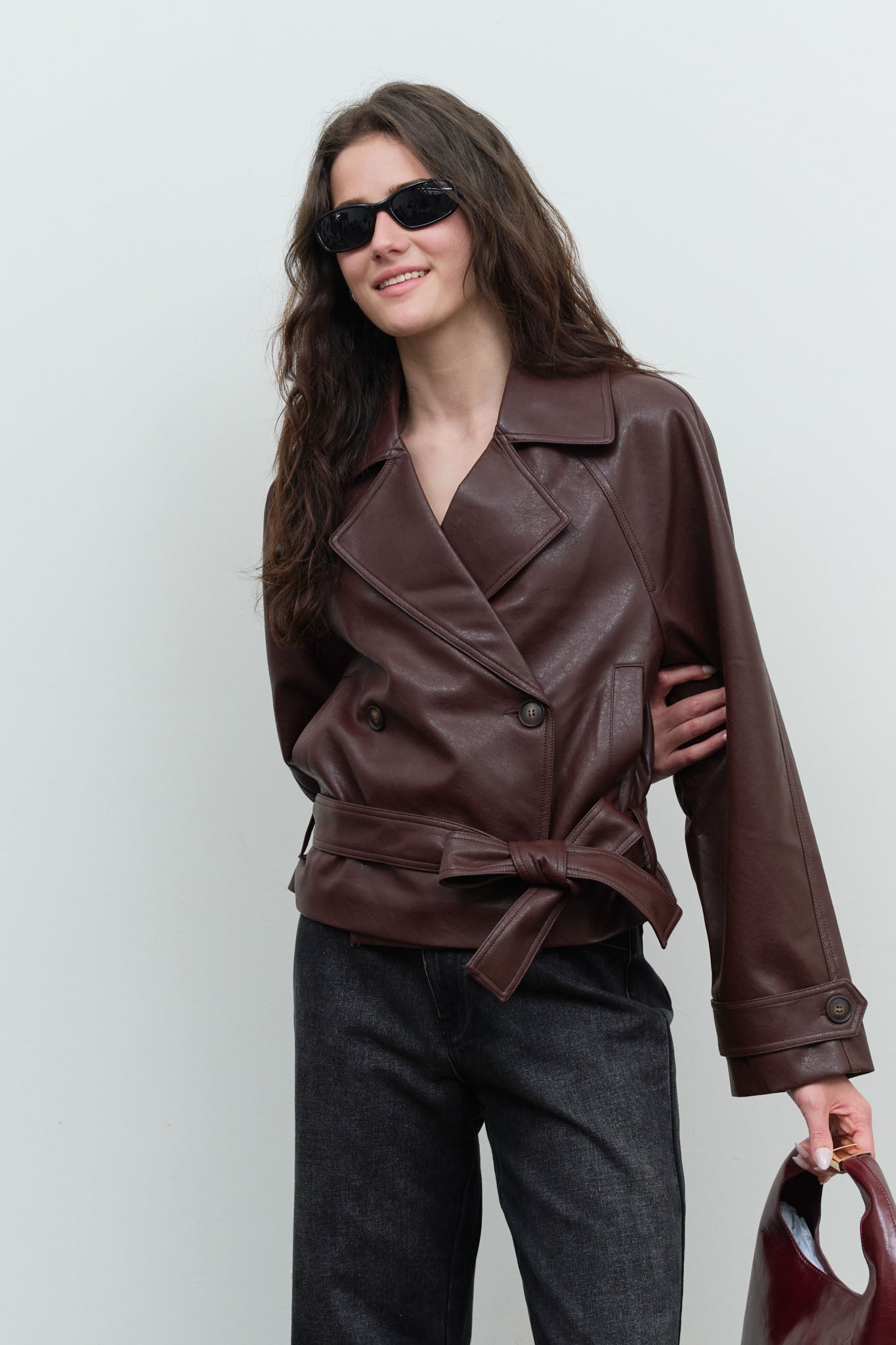 FAUX LEATHER STAND COLLAR WAIST TIE TRENCH COAT
