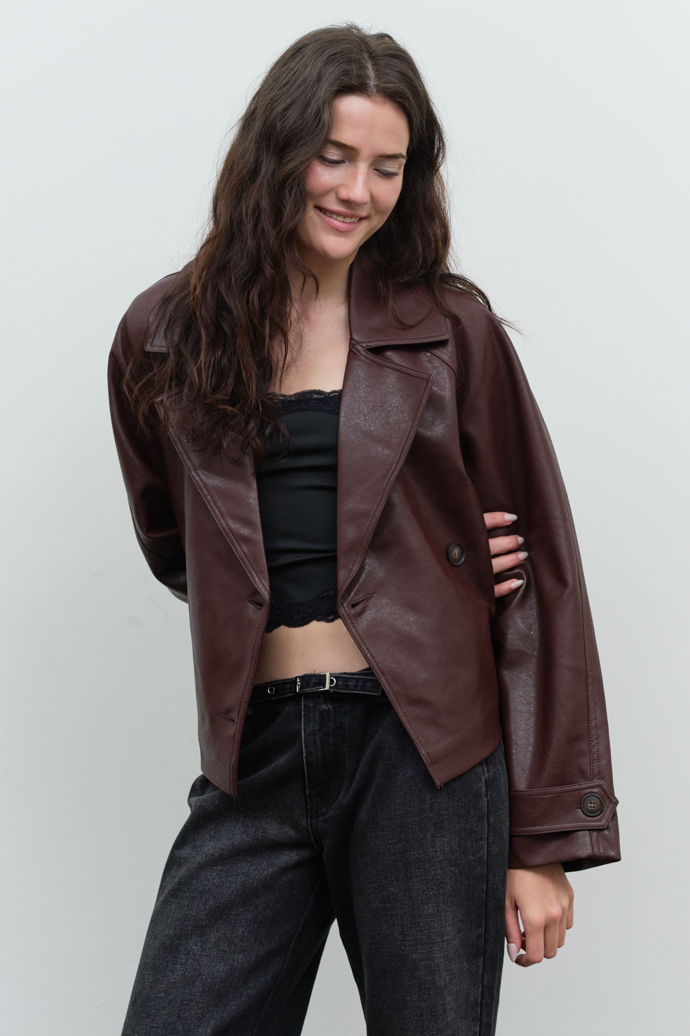 FAUX LEATHER STAND COLLAR WAIST TIE TRENCH COAT