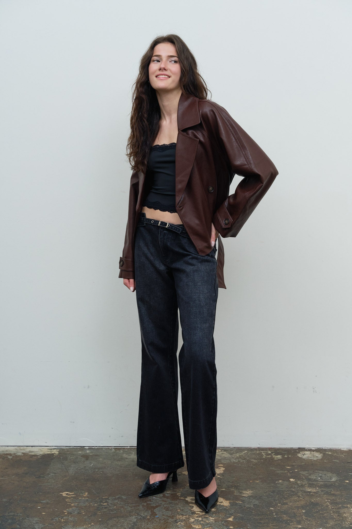 FAUX LEATHER STAND COLLAR WAIST TIE TRENCH COAT