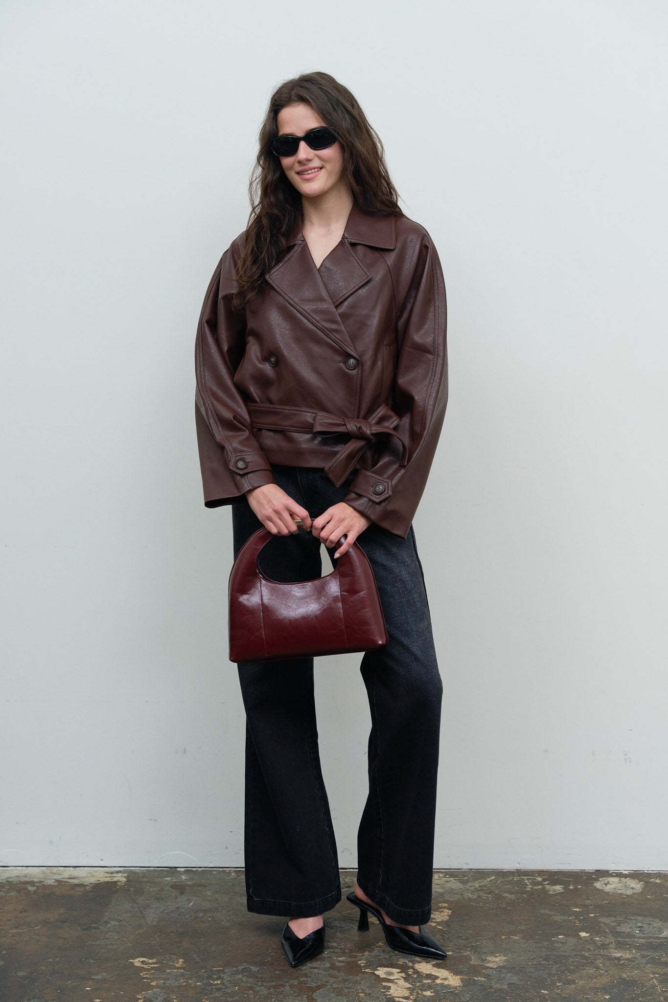 FAUX LEATHER STAND COLLAR WAIST TIE TRENCH COAT