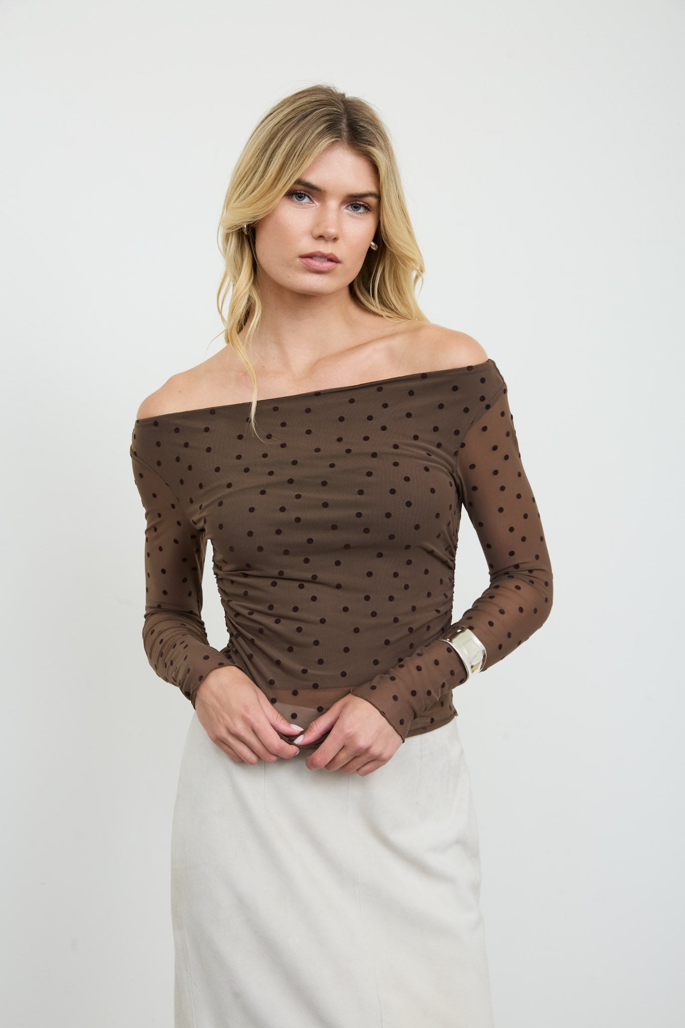 POLKA DOT MESH OFF-SHOULDER KNIT TOP