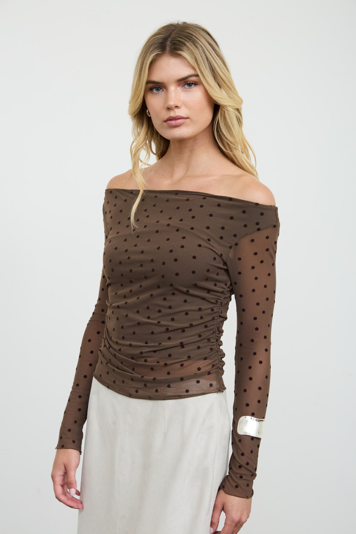 POLKA DOT MESH OFF-SHOULDER KNIT TOP