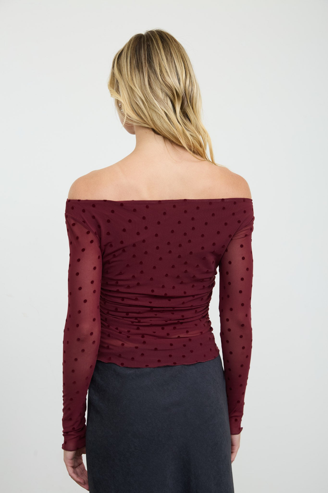 POLKA DOT MESH OFF-SHOULDER KNIT TOP