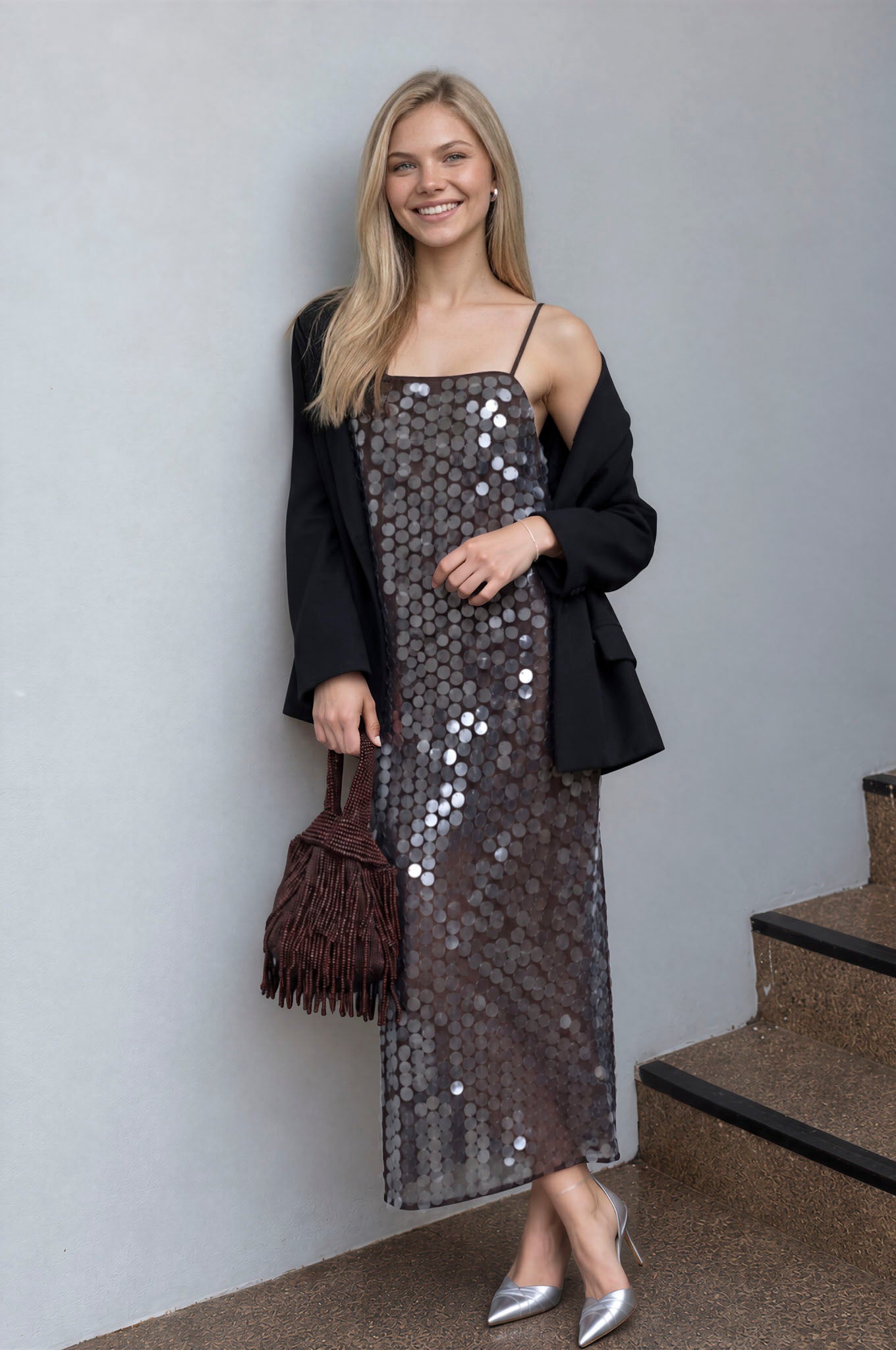 SEQUIN SPAGHETTI STRAP SLIP MIDI DRESS