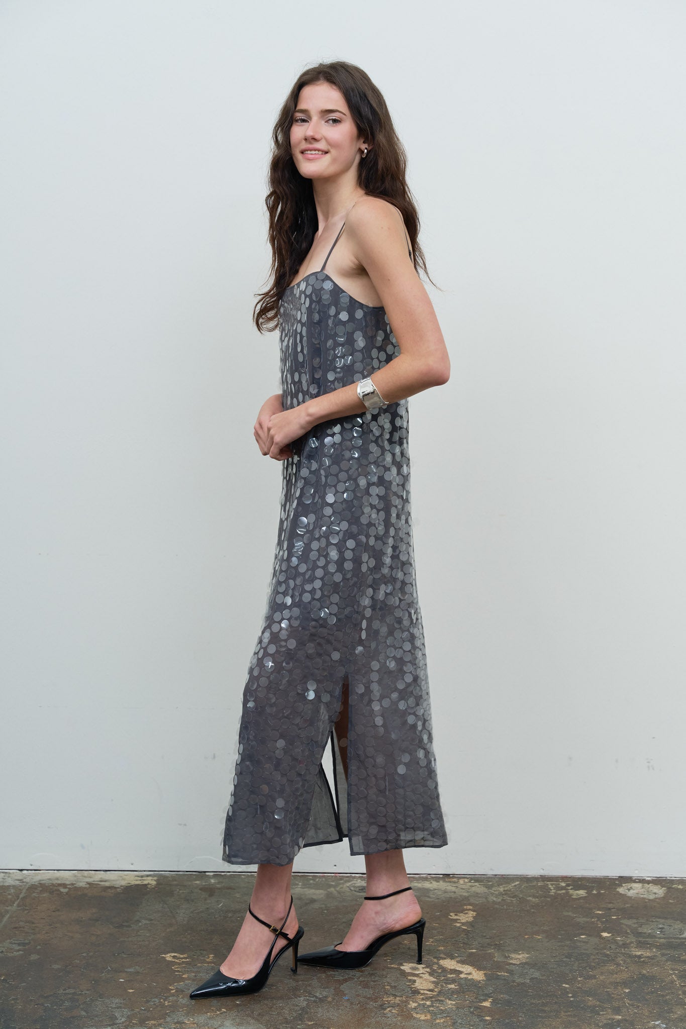 SEQUIN SPAGHETTI STRAP SLIP MIDI DRESS
